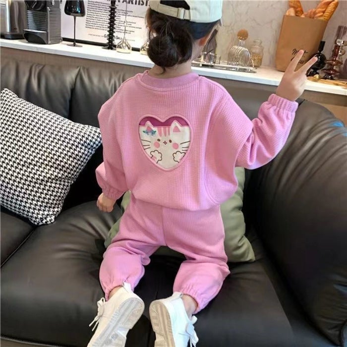 Girls Cartoon Letter Top  Pants Set Spring Autumn Pink
