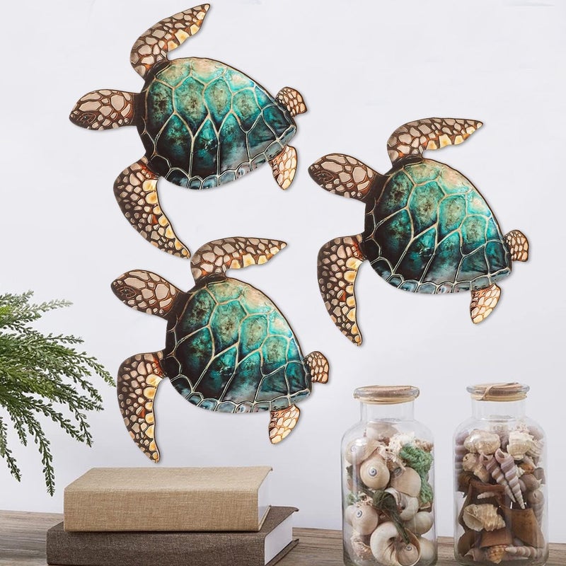 Set Of 3 Ocean Wooden Wall Art Stylish Sea Turtle Posters For Living Room Bedroom Office - Image 1