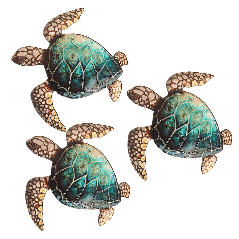 Set Of 3 Ocean Wooden Wall Art Stylish Sea Turtle Posters For Living Room Bedroom Office - Image 2