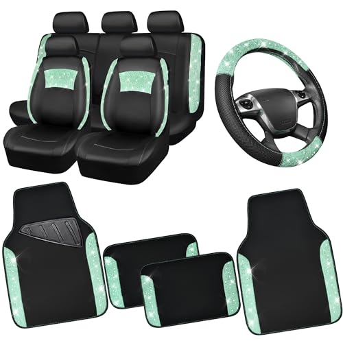 CAR PASS Universal Mint Leather Lace Car Seat Covers Full Set for Women Girls Waterproof Car Floor Mats Carpet Glitter Steering Wheel Cover for Car Accessories Interior Sets10PCS Included - Image 1