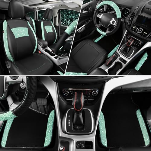CAR PASS Universal Mint Leather Lace Car Seat Covers Full Set for Women Girls Waterproof Car Floor Mats Carpet Glitter Steering Wheel Cover for Car Accessories Interior Sets10PCS Included - Image 3