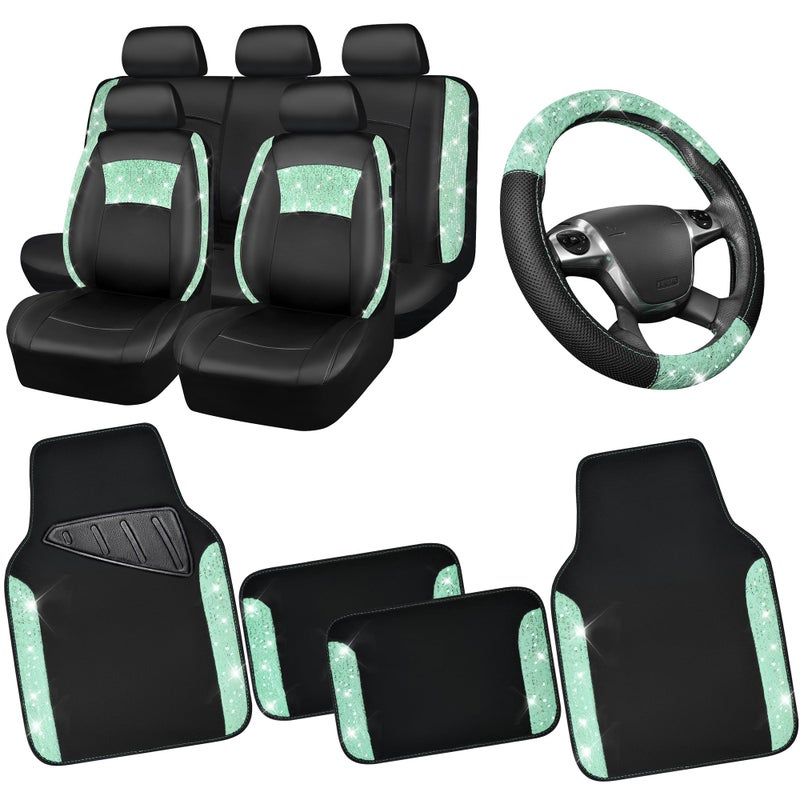 CAR PASS Universal Mint Leather Lace Car Seat Covers Full Set for Women Girls Waterproof Car Floor Mats Carpet Glitter Steering Wheel Cover for Car Accessories Interior Sets10PCS Included - Image 2