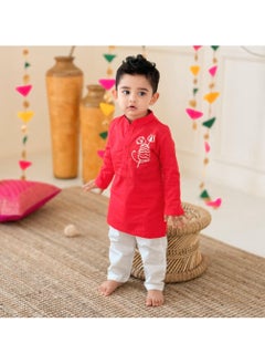 KeeBee Keebee Organic Cotton Tiger Embroidered Red Kurta paired with Pajama Pants  - Image 1