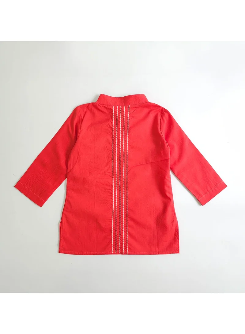 KeeBee Keebee Organic Cotton Tiger Embroidered Red Kurta paired with Pajama Pants