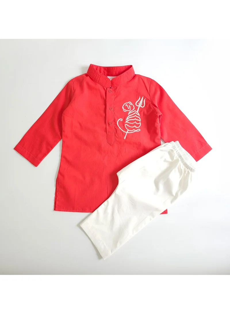 KeeBee Keebee Organic Cotton Tiger Embroidered Red Kurta paired with Pajama Pants