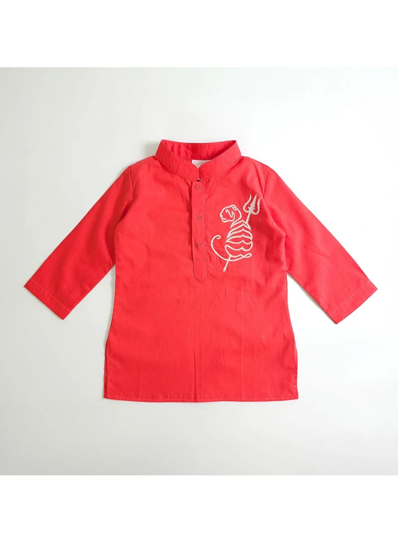 KeeBee Keebee Organic Cotton Tiger Embroidered Red Kurta paired with Pajama Pants