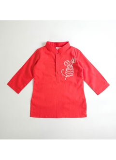 KeeBee Keebee Organic Cotton Tiger Embroidered Red Kurta paired with Pajama Pants  - Image 3