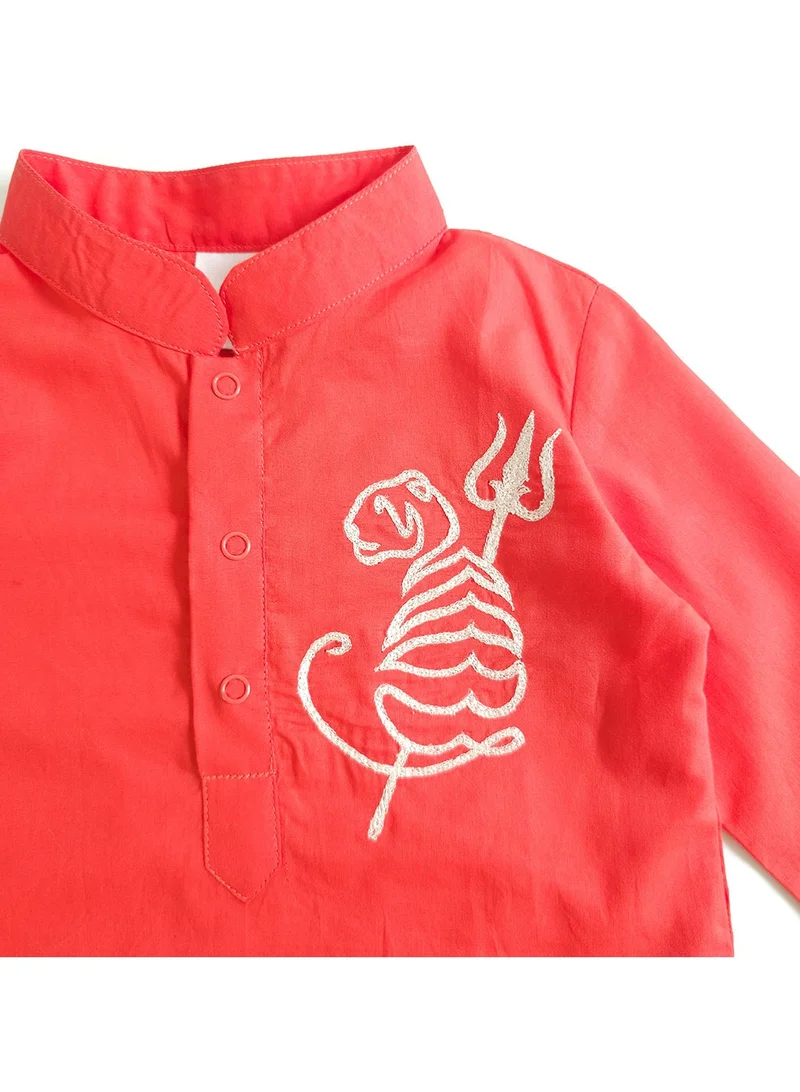 KeeBee Keebee Organic Cotton Tiger Embroidered Red Kurta paired with Pajama Pants