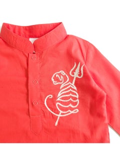 KeeBee Keebee Organic Cotton Tiger Embroidered Red Kurta paired with Pajama Pants  - Image 5