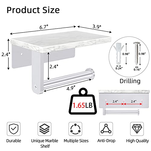 Gypie Brushed Nickel Toilet Paper Holder with Natural Marble Shelf, Screw Wall Mounted, Tissue Roll Holder for Bathroom Washroom - Image 3