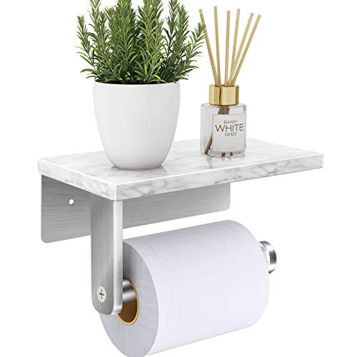 Gypie Brushed Nickel Toilet Paper Holder with Natural Marble Shelf, Screw Wall Mounted, Tissue Roll Holder for Bathroom Washroom - Image 1