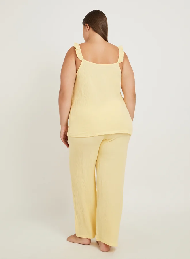 Styli Plus Size Cotton Gauze Ruffle Trim Cami and Pyjama Set