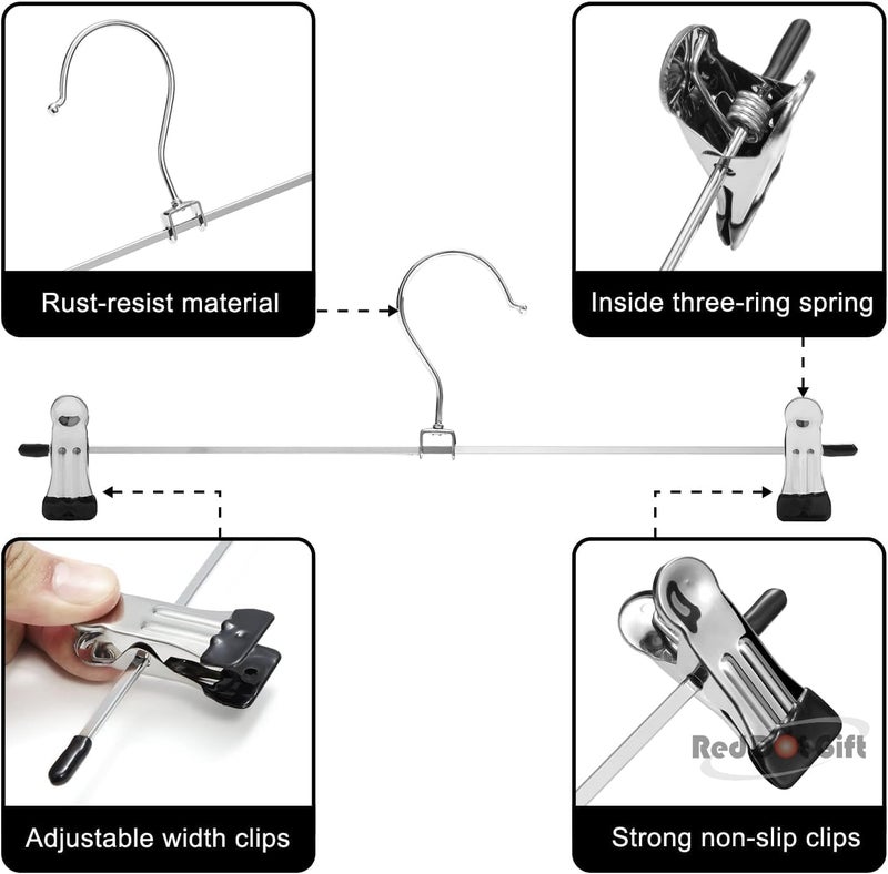 Red Dot Gift® 10 Pack Pants Hangers, 28.5cm Skirt Hangers with Adjustable Non-Slip Clips Pants Hangers, Space Saving Metal Hangers for Coat Garment Jeans, Hangers for Kids Adults - Image 2