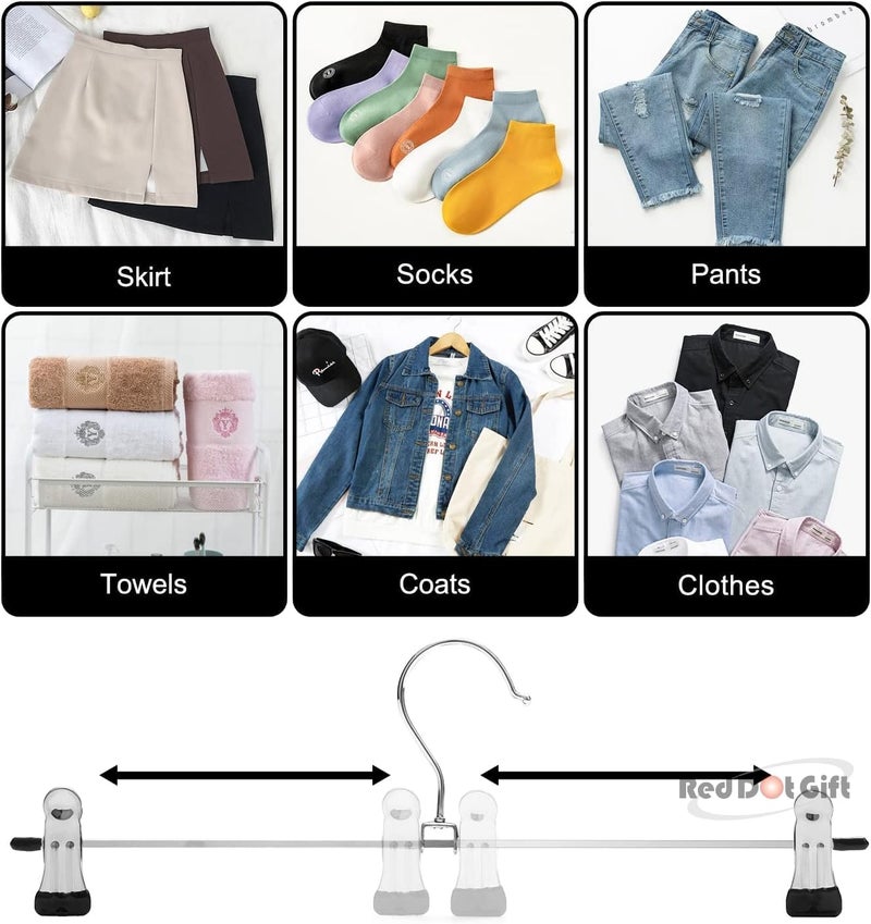 Red Dot Gift® 10 Pack Pants Hangers, 28.5cm Skirt Hangers with Adjustable Non-Slip Clips Pants Hangers, Space Saving Metal Hangers for Coat Garment Jeans, Hangers for Kids Adults - Image 3