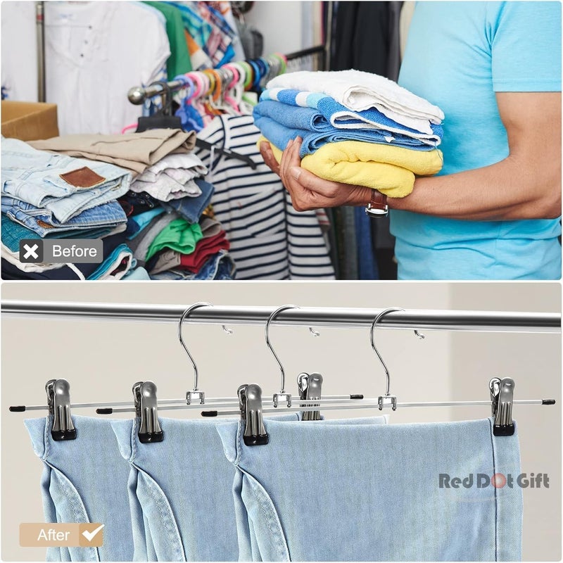 Red Dot Gift® 10 Pack Pants Hangers, 28.5cm Skirt Hangers with Adjustable Non-Slip Clips Pants Hangers, Space Saving Metal Hangers for Coat Garment Jeans, Hangers for Kids Adults - Image 4