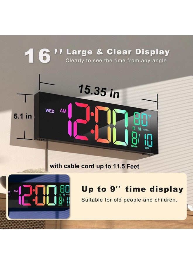 Jall 16" Large Digital Wall Clock With Remote Control, Dual Alarm With Big Led Screen Dispaly, 8 Rgb Colors, Auto Dst, Temperature For Living Room, Bedroom, Desk Decor, Mounted, Gift For Elderly - Image 2