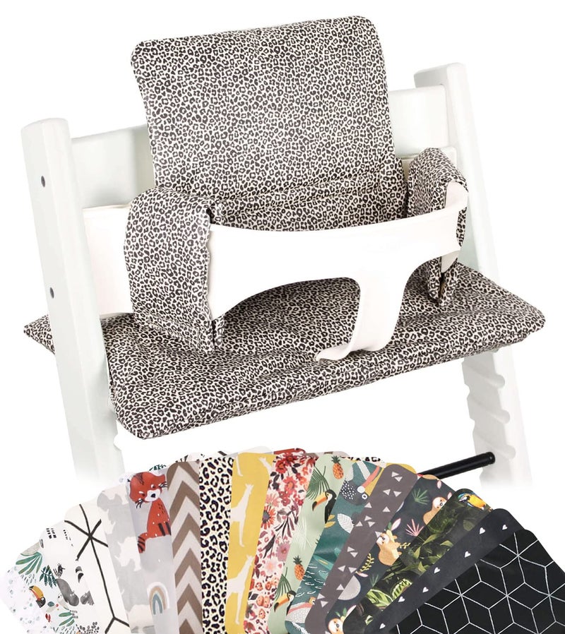 UKJE وسادة UKJE متوافقة مع كرسي Stokke Tripp Trapp (النموذج القديم والجديد) 2 قطعة، وسادة مقعد ناعمة للأطفال والرضع والصغار، قطن معتمد من Oeko-Tex، قابلة للغسل ومصنوعة يدويًا في أوروبا، نمط الفهد - Image 1