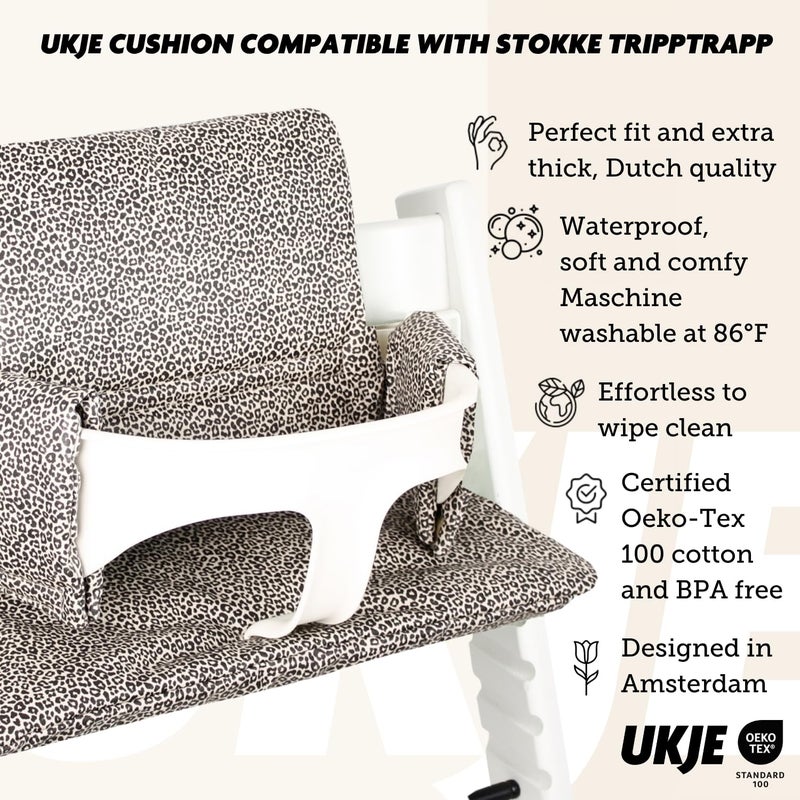 UKJE وسادة UKJE متوافقة مع كرسي Stokke Tripp Trapp (النموذج القديم والجديد) 2 قطعة، وسادة مقعد ناعمة للأطفال والرضع والصغار، قطن معتمد من Oeko-Tex، قابلة للغسل ومصنوعة يدويًا في أوروبا، نمط الفهد - Image 3