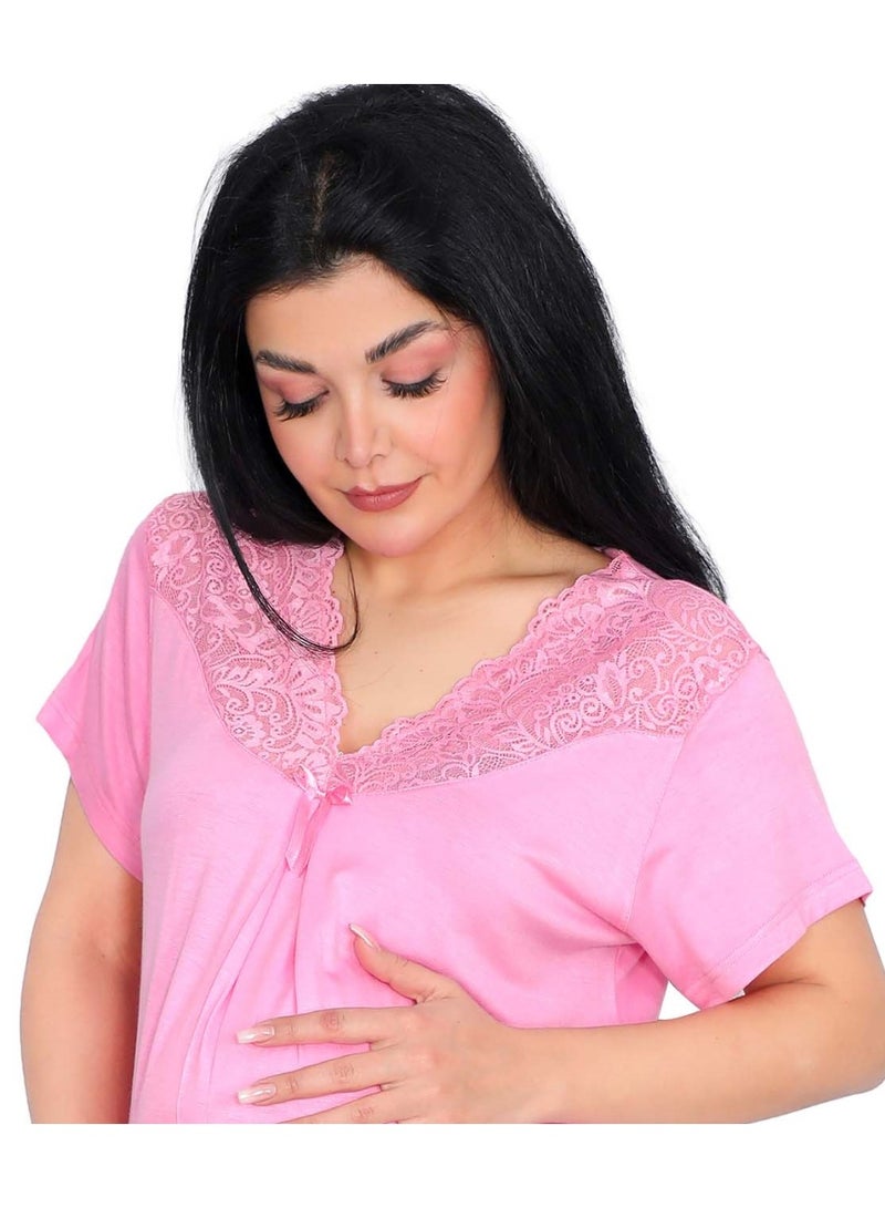 Dadoush Maternity Women's Pajamas Polyester Mauve Pink Lace Collar Shirt with Floral Print Capri Pants (Mauve, XL) - Image 3