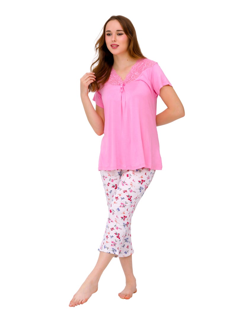 Dadoush Maternity Women's Pajamas Polyester Mauve Pink Lace Collar Shirt with Floral Print Capri Pants (Mauve, XL) - Image 2