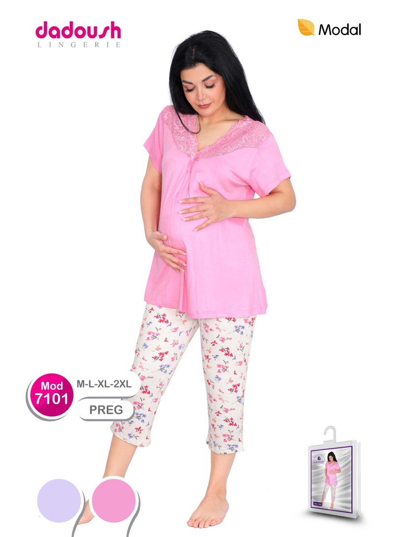 Dadoush Maternity Women's Pajamas Polyester Mauve Pink Lace Collar Shirt with Floral Print Capri Pants (Mauve, XL) - Image 1