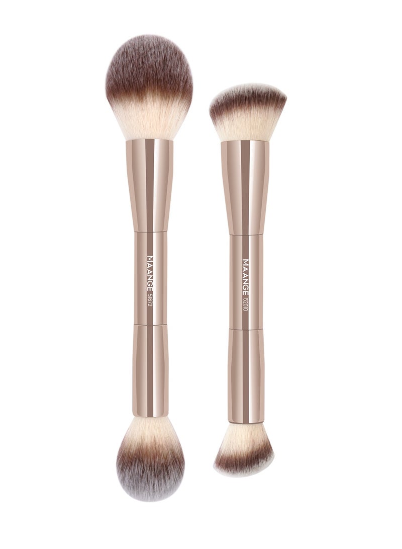 MAANGE فرش مكياج الأساس، 2 قطعة فرشاة مكياج مزدوجة الطرف (مسطحة/مائلة/مدورة مائلة/مخروطية) لتوزيع السائل، الكريم، البودرة، فرشاة دمج كونتور الوجه (ذهبي) - Image 1