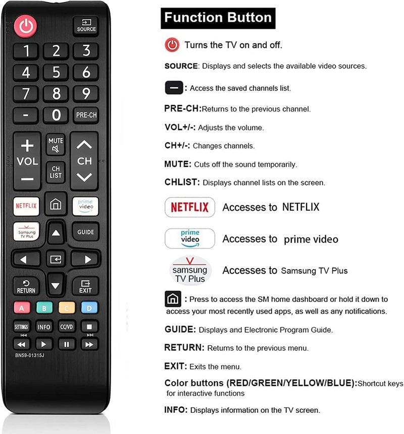 KPDP Compatible with Samsung tv Remote Control Universal Replacement Remote for Original Samsung LCD LED OLED QLED UHD HD Plasma 3D Smart Hub Television with Netflix and Prime Video Hotkeys - Image 3