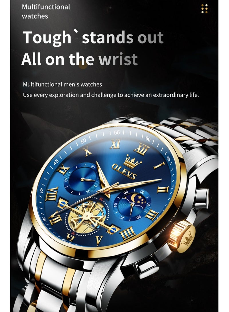 OLEVS Watches for Men Fashion Stainless Steel Quartz Chronograph Water Resistant Watch 42mm 2859 Gold and Silver - Image 3