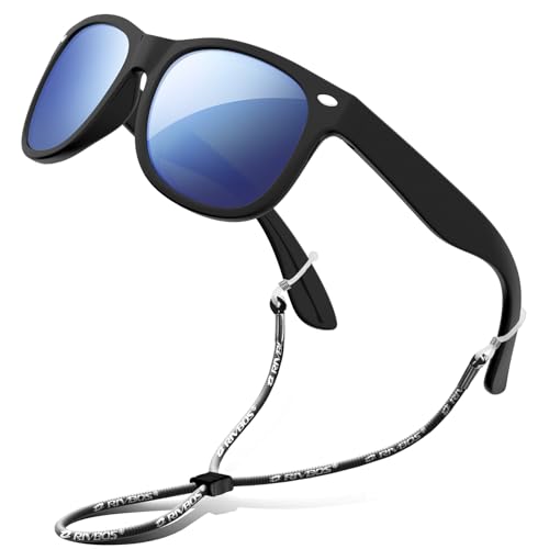 RIVBOS Kids Sunglasses Boys with Strap Polarized Rubber Flexible Shades for Toddler and Children Age 3-10 RBK004-2 Black Ice Blue Lens - Image 1