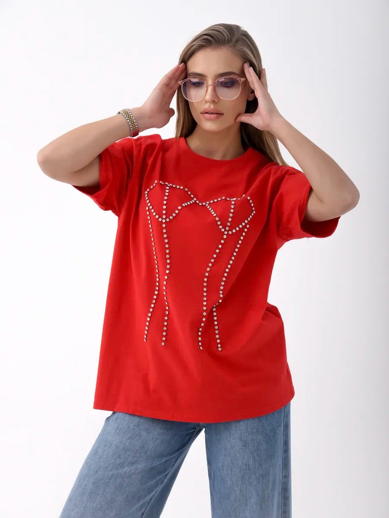 Style Sweet And Spicy Pure Desire Fashion Rhinestone Oversized Temperament Niche Pure Cotton Short-Sleeve T-Shirt - Image 2