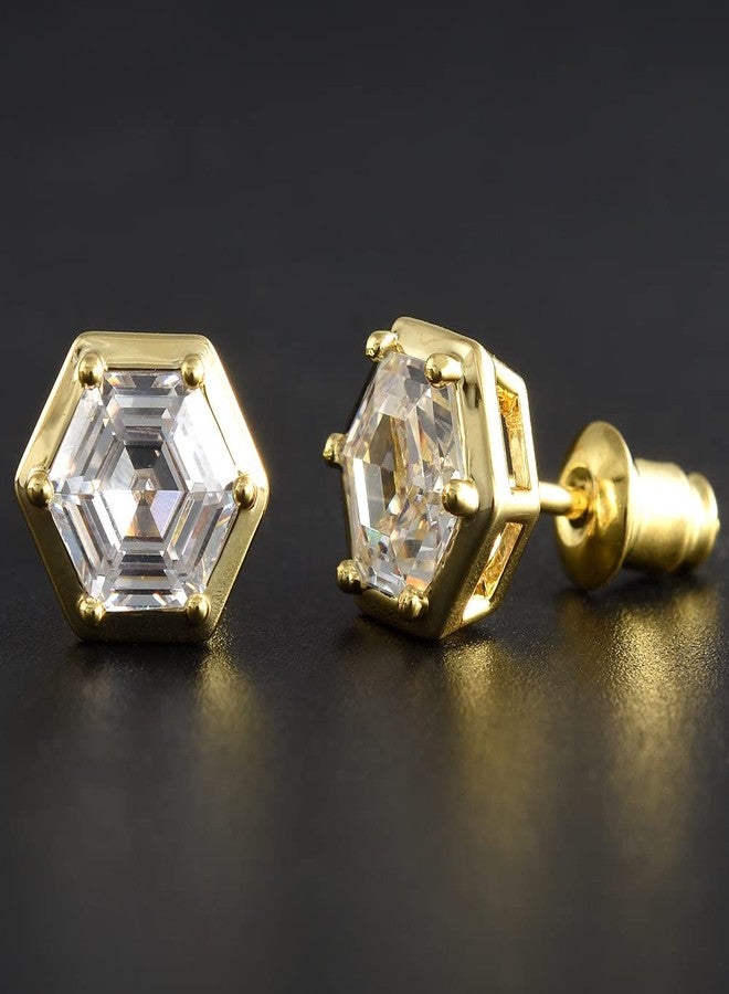 RIZILIA [RIZILIA BEEHIVE] Hexagon Pierced Stud Earrings with Custom-Cut 2CT 6mm Gemstone [White Cubic Zirconia] in 18K Gold Plated - Image 3