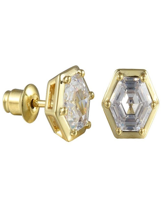 RIZILIA [RIZILIA BEEHIVE] Hexagon Pierced Stud Earrings with Custom-Cut 2CT 6mm Gemstone [White Cubic Zirconia] in 18K Gold Plated - Image 2
