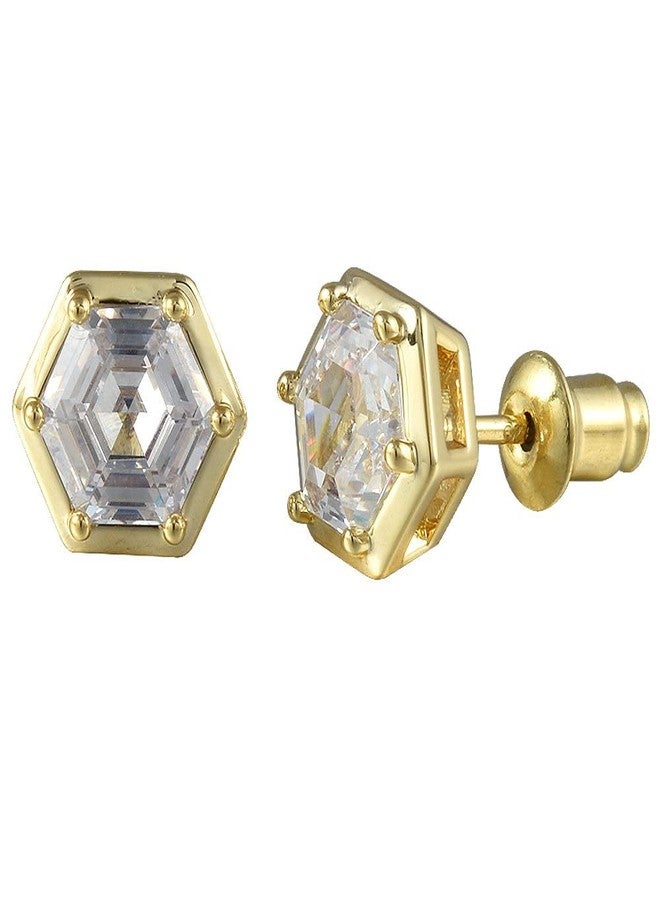 RIZILIA [RIZILIA BEEHIVE] Hexagon Pierced Stud Earrings with Custom-Cut 2CT 6mm Gemstone [White Cubic Zirconia] in 18K Gold Plated - Image 1