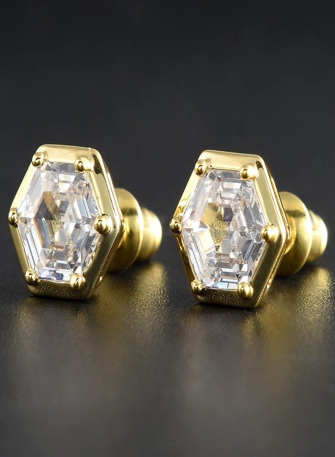 RIZILIA [RIZILIA BEEHIVE] Hexagon Pierced Stud Earrings with Custom-Cut 2CT 6mm Gemstone [White Cubic Zirconia] in 18K Gold Plated - Image 4