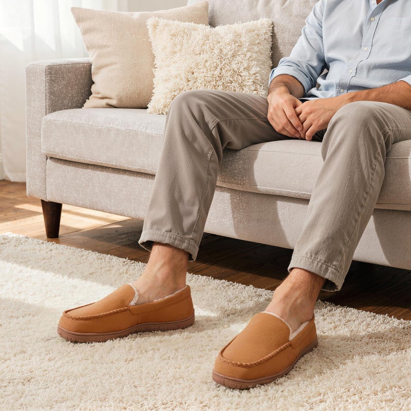shoeslocker Slippers for Men Size 10.5 Mens Slippers Warm Indoor Outdoor Beige - Image 2