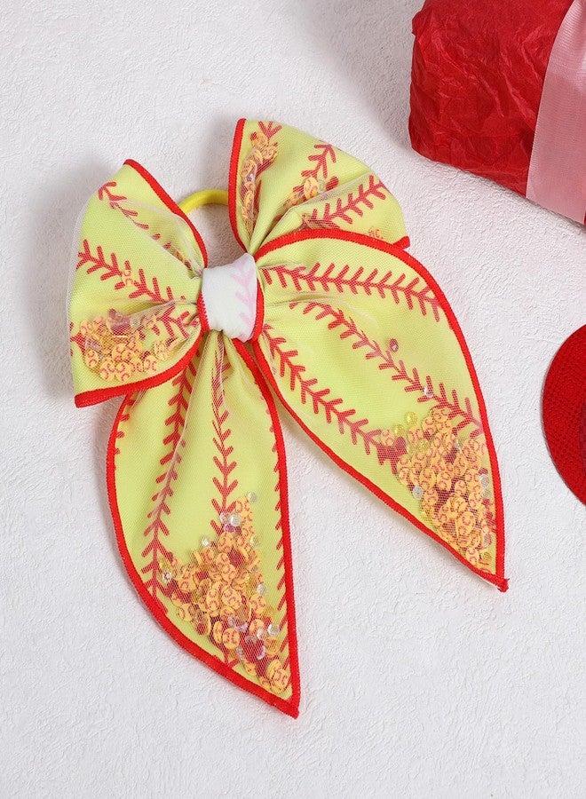 Miroksh 5.5" Yellow Softball Cheer Bow Hair Ties Accessory Large Mesh Tulle Fable Bow Ponytail Holder Elastic Hair Band Game Day Baeball Sports Gift for Cheerleader Girls Player Fans - Image 2