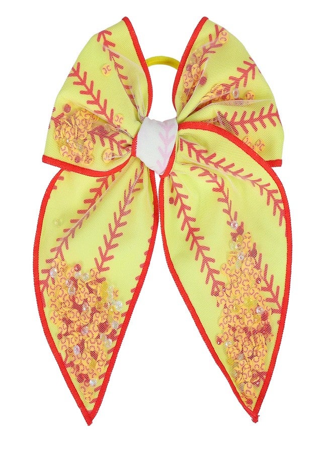 Miroksh 5.5" Yellow Softball Cheer Bow Hair Ties Accessory Large Mesh Tulle Fable Bow Ponytail Holder Elastic Hair Band Game Day Baeball Sports Gift for Cheerleader Girls Player Fans - Image 1