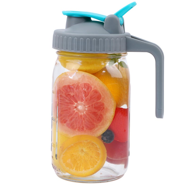 Mason Jar Pitcher 32 Oz Wide Mouth With Handle And Pour Spout Lids Leak Proof 1 Quart Glass Pitchers With Flip Cap Airtight Water Jug For Cold Brew Coffee Sun Tea Lemonade Milk
