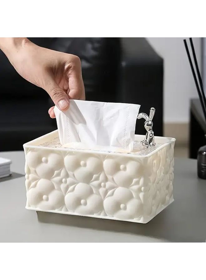 White Jacquard Rabbit Tissue Box Floral Design Durable Plastic For Home Kitchen Bathroom - Image 4