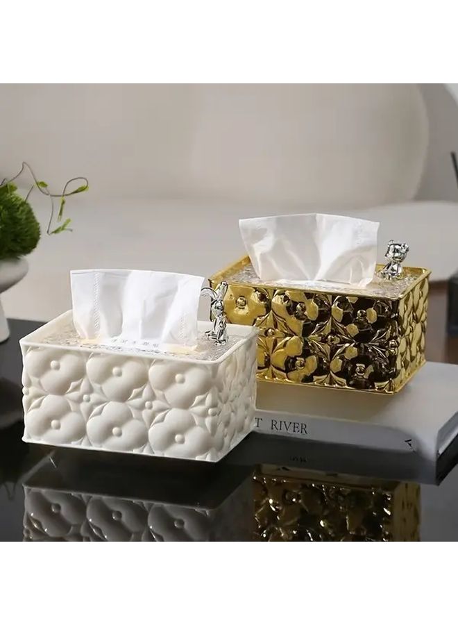 White Jacquard Rabbit Tissue Box Floral Design Durable Plastic For Home Kitchen Bathroom - Image 5