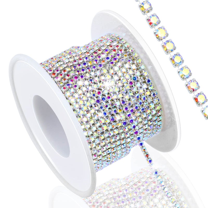 Dowarm 10 Yards 2MM Crystal Rhinestone Close Chain Trim for Sewing Crocs Shoes Clothes Cups, SS6 Claw Rhinestone Chain for Craft Jewelry Wedding Bouquet DIY Decoration, Silver AB - Image 1
