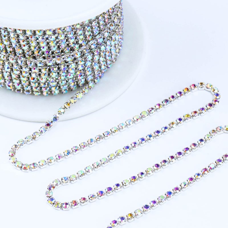Dowarm 10 Yards 2MM Crystal Rhinestone Close Chain Trim for Sewing Crocs Shoes Clothes Cups, SS6 Claw Rhinestone Chain for Craft Jewelry Wedding Bouquet DIY Decoration, Silver AB - Image 2
