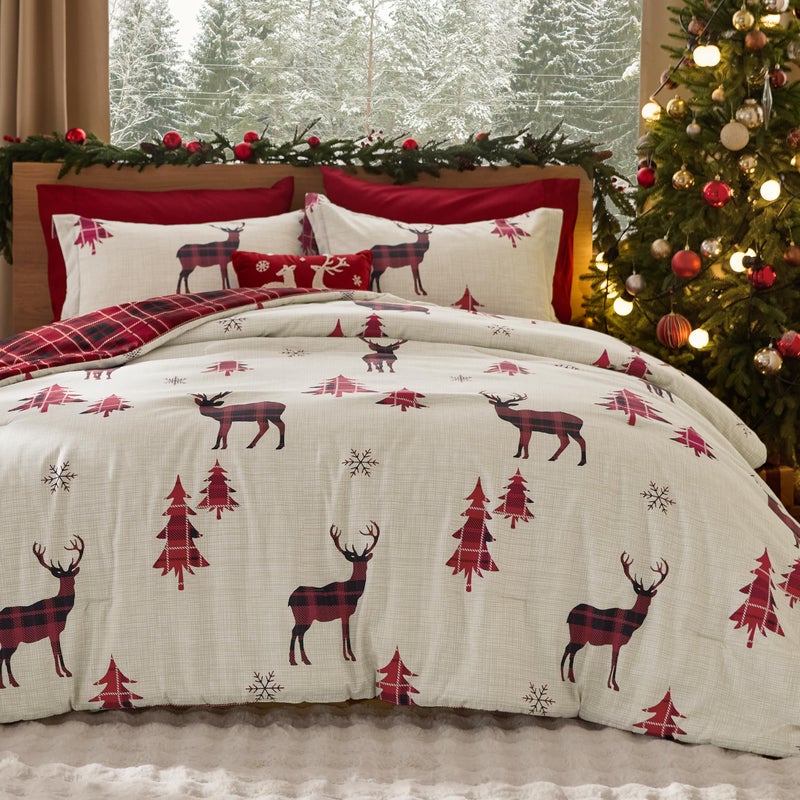 Bedsure Christmas Comforter Set Twin Christmas Bed Set with Reindeer Soft Bedding for Holiday 2 Pieces 1 Reversible Buffalo Check Printed Comforter and 1 Pillow Sham