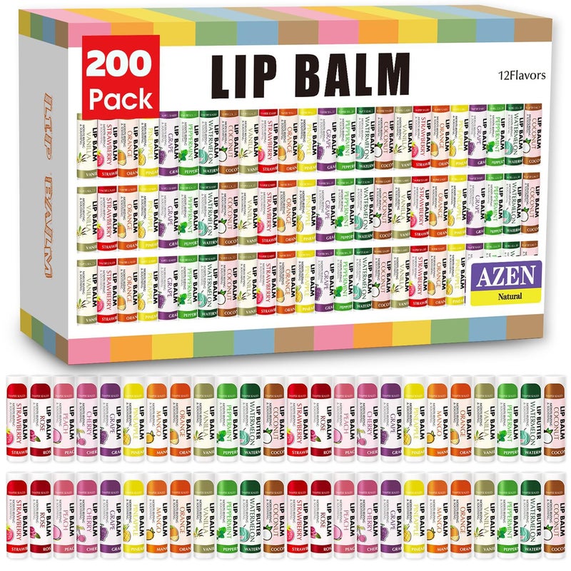 AZEN 200 Pack Lip Balm, Natural Lip Balm Bulk, Lip Care Product, Moisturizing Lip Balms for dry cracked lips, Valentines Gifts Easter Basket Stuffers - 12 Flavors - Image 1
