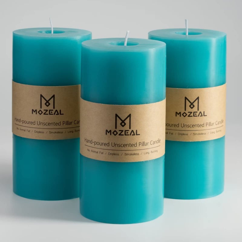 MOZEAL 3 x 6 HandPoured Unscented CandleDripless Pillar Candle Set of 3Long Lasting BurningApprox 120 Hours Burn TimeRustic Country Stylefor WeddingDinnerChristmas and Home DecorTurquoise