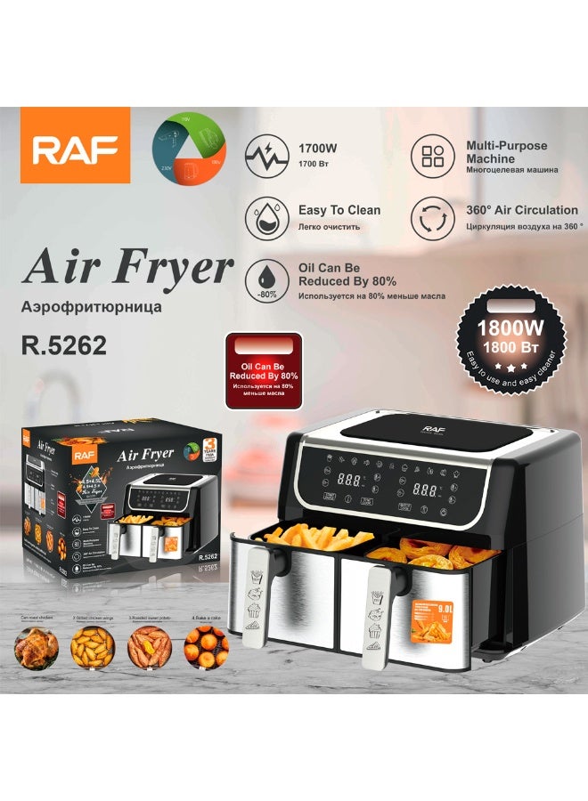 RAF 1700W Dual Air Fryer 4.5L + 4.5L | 9L Family Capacity | Reduce Oil by 80% | 360° Hot Air Circulation | Easy to Clean Multi-Function Digital Air Fryer Oven - Image 5