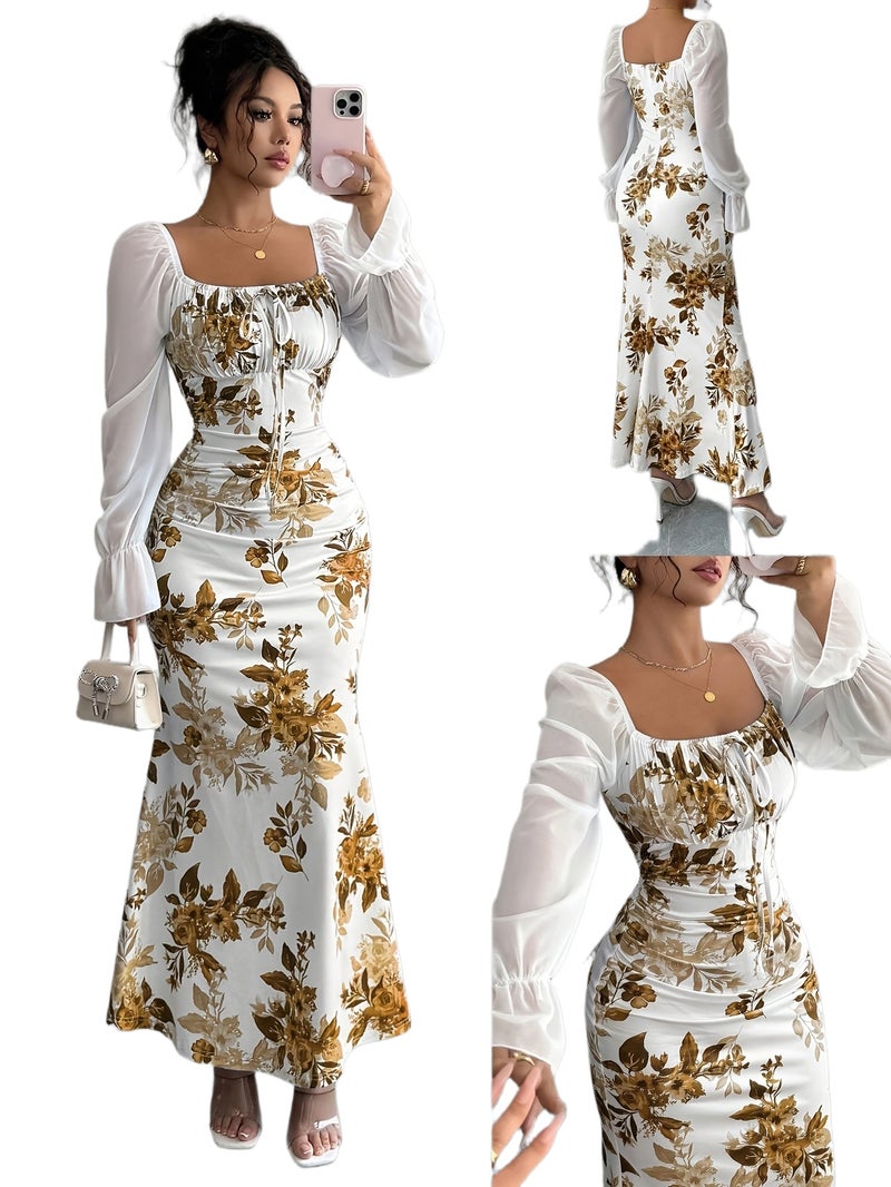Women's Elegant Square Neck Dress with Chest Wrinkle Bow Accent - Slim-Fit Long Sleeve A-Line Dress, High Elasticity Fabric for Wedding, Date Night & Casual Attire, Machine Washable, All-... - Image 1