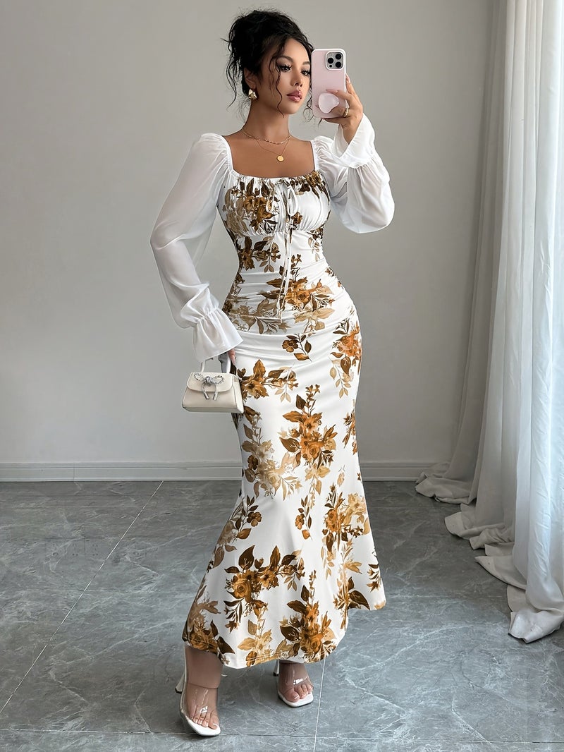 Women's Elegant Square Neck Dress with Chest Wrinkle Bow Accent - Slim-Fit Long Sleeve A-Line Dress, High Elasticity Fabric for Wedding, Date Night & Casual Attire, Machine Washable, All-... - Image 5