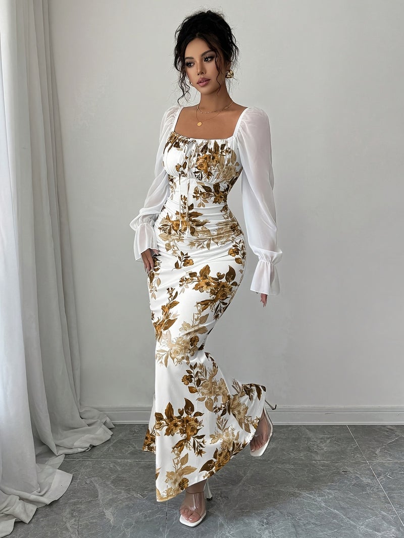Women's Elegant Square Neck Dress with Chest Wrinkle Bow Accent - Slim-Fit Long Sleeve A-Line Dress, High Elasticity Fabric for Wedding, Date Night & Casual Attire, Machine Washable, All-... - Image 3