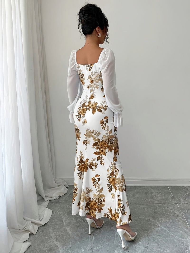 Women's Elegant Square Neck Dress with Chest Wrinkle Bow Accent - Slim-Fit Long Sleeve A-Line Dress, High Elasticity Fabric for Wedding, Date Night & Casual Attire, Machine Washable, All-... - Image 2
